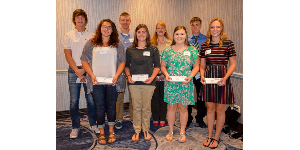 East Central/Select Sires presented eight, $1,000 scholarships to college students pursuing education in agricultural-related fields. Back row, left to right: Brady Butzler, Rockland; Ben Bruss, Markesan; Whitney Brown, Belleville; and Levi Kindschi, Loganville. Front row, left to right: Kailyn Ripp, Dane; Rachel McCullough, Juda; Jessica Steger, Prairie du Chien; and Lindsey Sarbacker, Edgerton. (Courtesy of East Central/Select Sires)