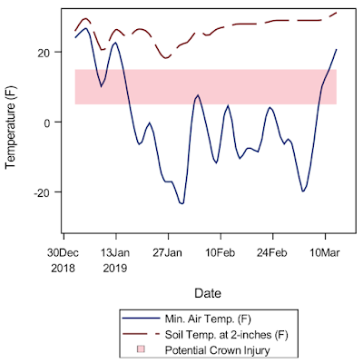 Graph of soil temperatures that can increase probability of alfalfa crown injury.