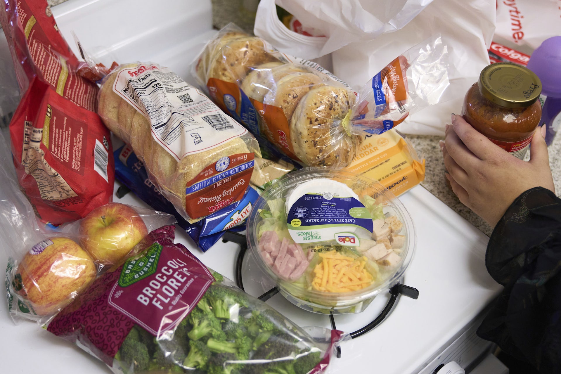 Groceries on a kitchen counter.