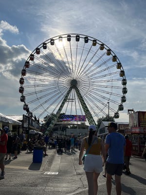 An annual attraction at the Wisconsin State Fair is the Wonder Fair Wheel, featuring 36 gondolas that can hold six people. The ride time from start to finish on the 15 story high wheel is approx. 10 minutes, and an average of 1,100 Fairgoers can ride each hour.