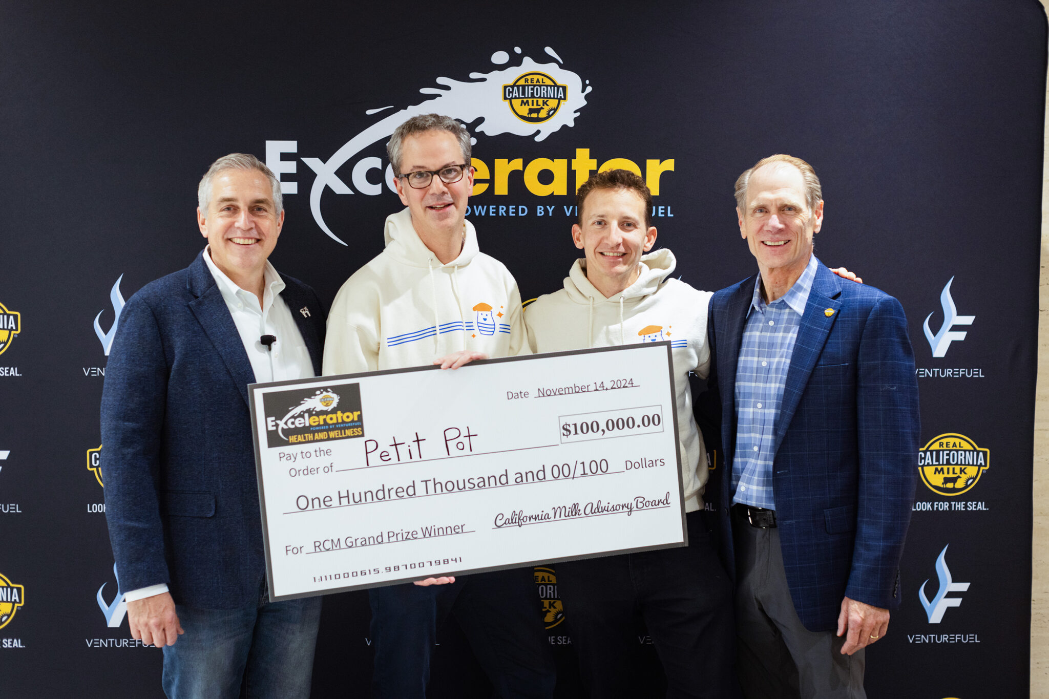From left to right, Fred Schonenberg, Founder & CEO, VentureFuel; Eric Lallart, CEO, Petit Pot; Maxime Pouvreau, Founder, Petit Pot; and John Talbot, CEO, California Milk Advisory Board. From left to right, Fred Schonenberg, Founder & CEO, VentureFuel; Eric Lallart, CEO, Petit Pot; Maxime Pouvreau, Founder, Petit Pot; and John Talbot, CEO, California Milk Advisory Board.